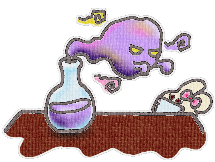 イラスト|ガラス容器から怪しげなガスが発生している様子をマスクをつけたうさぎがのぞく様子
