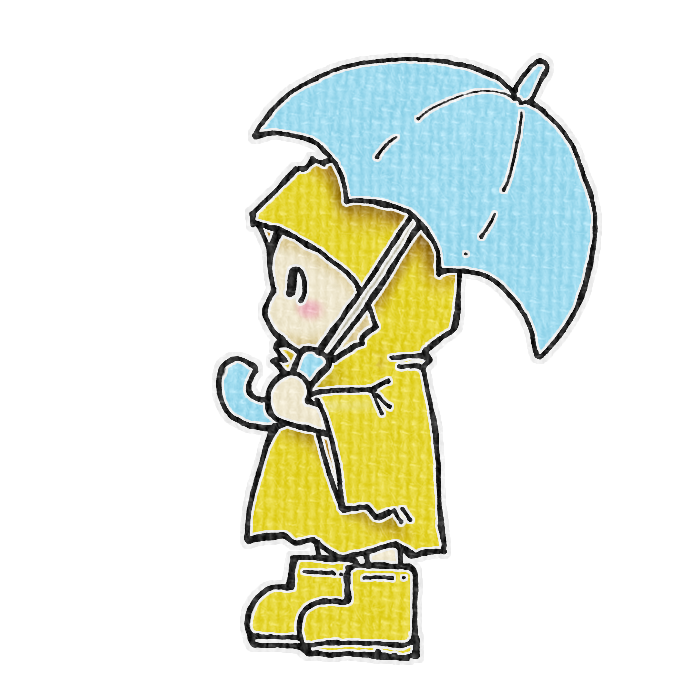 水色の傘をさしたこどものイラスト、梅雨の季節をイメージした可愛い素材