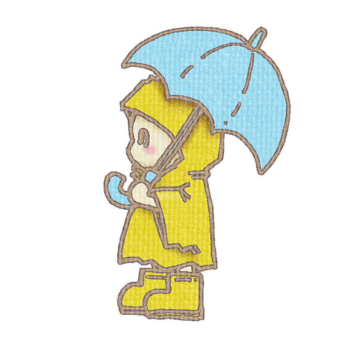 水色の傘をさしたこどものイラスト、梅雨の季節をイメージした可愛い素材