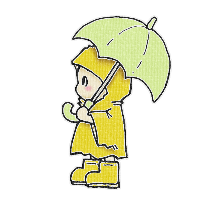 緑色の傘をさしたこどものイラスト、梅雨の季節をイメージした可愛い素材
