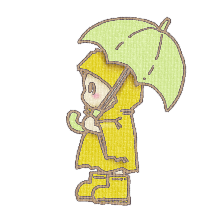 緑色の傘をさしたこどものイラスト、梅雨の季節をイメージした可愛い素材