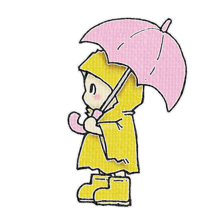 ピンクの傘をさしたこどものイラスト、梅雨の季節をイメージした可愛い素材