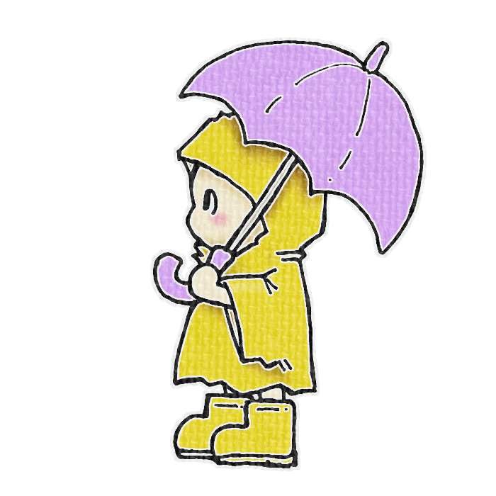紫色の傘をさしたこどものイラスト、梅雨の季節をイメージした可愛い素材