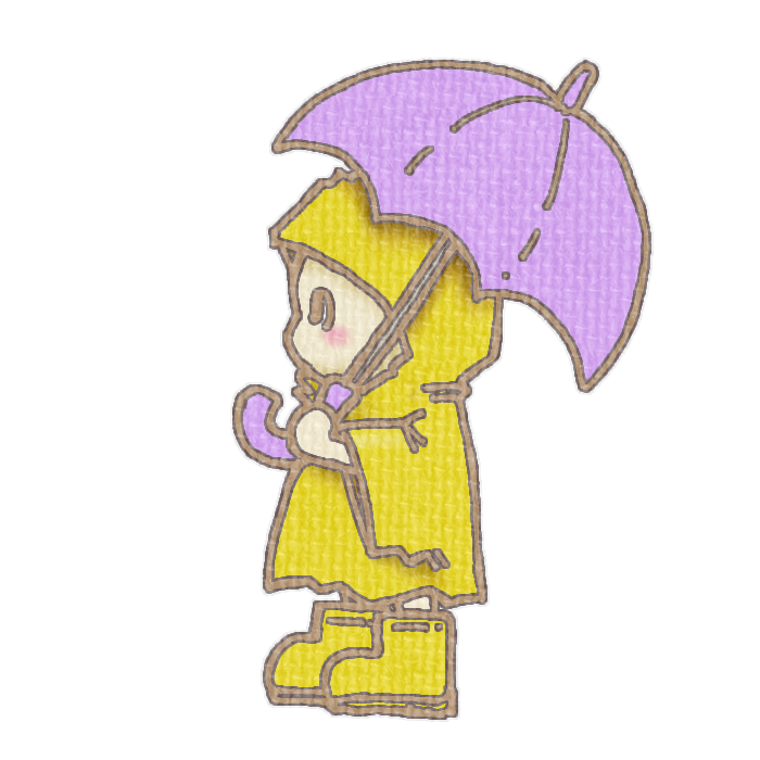 紫色の傘をさしたこどものイラスト、梅雨の季節をイメージした可愛い素材