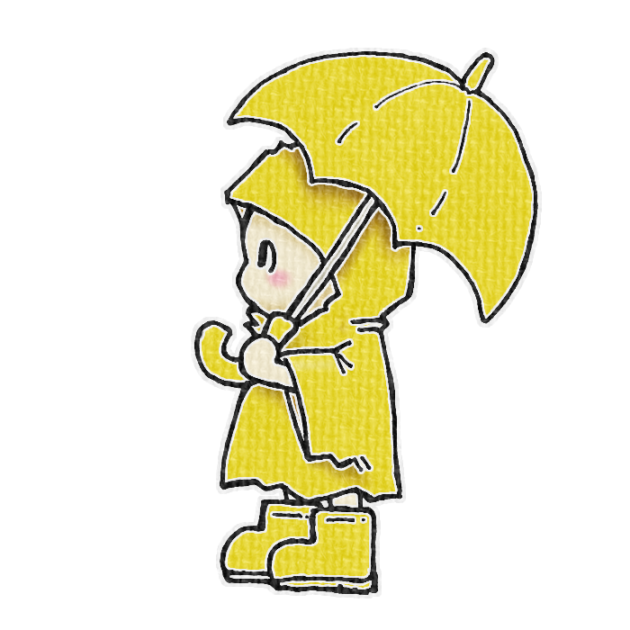 黄色の傘をさしたこどものイラスト、梅雨の季節をイメージした可愛い素材