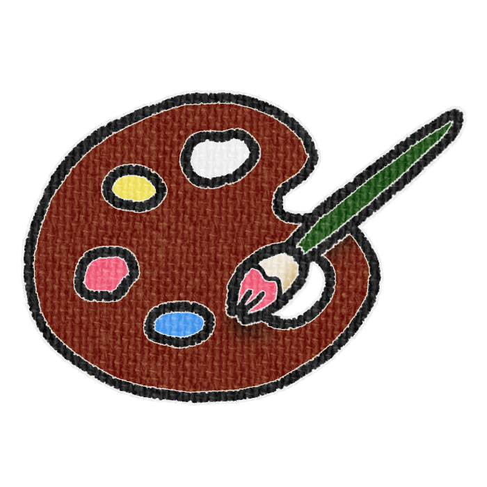 茶色いパレットと赤色の絵具をつけた筆の透過イラスト