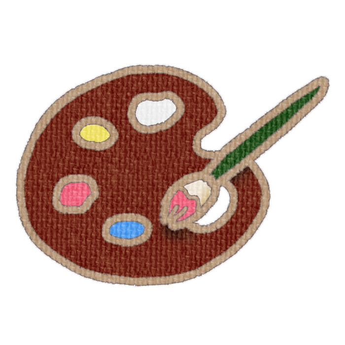 茶色いパレットと赤色の絵具をつけた筆の透過イラスト
