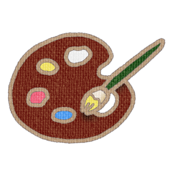 茶色いパレットと黄色の絵具をつけた筆の透過イラスト