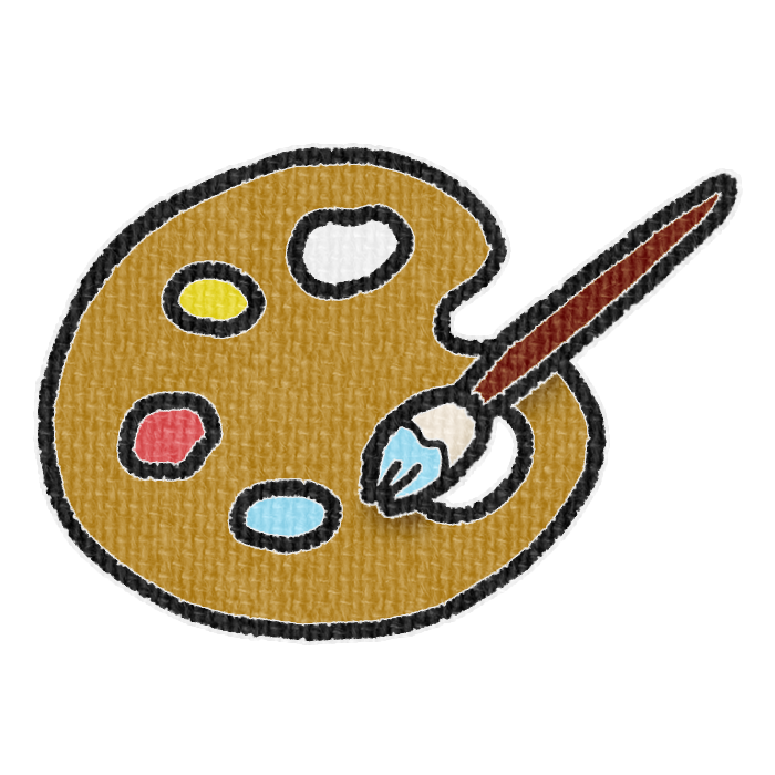黄土色のパレットと水色の絵具をつけた筆の透過イラスト