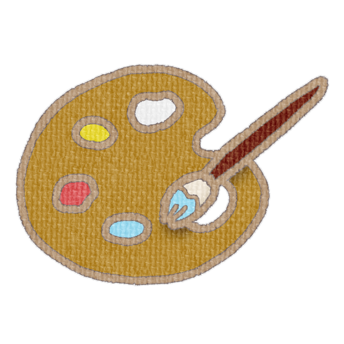 黄土色のパレットと水色の絵具をつけた筆の透過イラスト