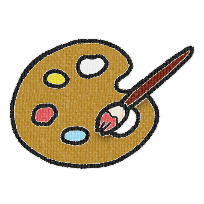 黄土色のパレットと赤色の絵具をつけた筆の透過イラスト