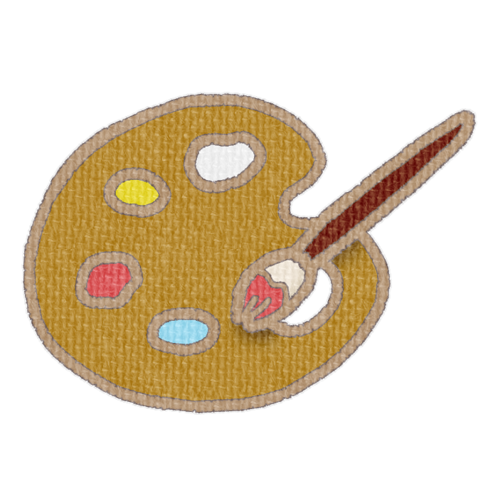 黄土色のパレットと赤色の絵具をつけた筆の透過イラスト