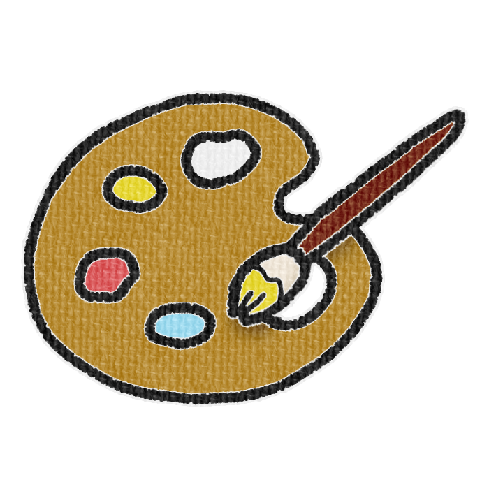 黄土色のパレットと黄色の絵具をつけた筆の透過イラスト
