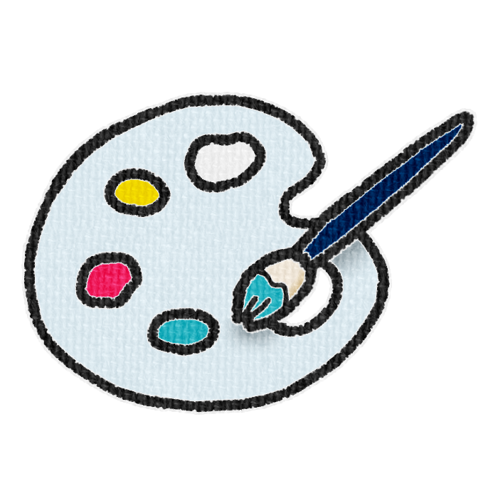 白色のパレットと水色の絵具をつけた筆の透過イラスト