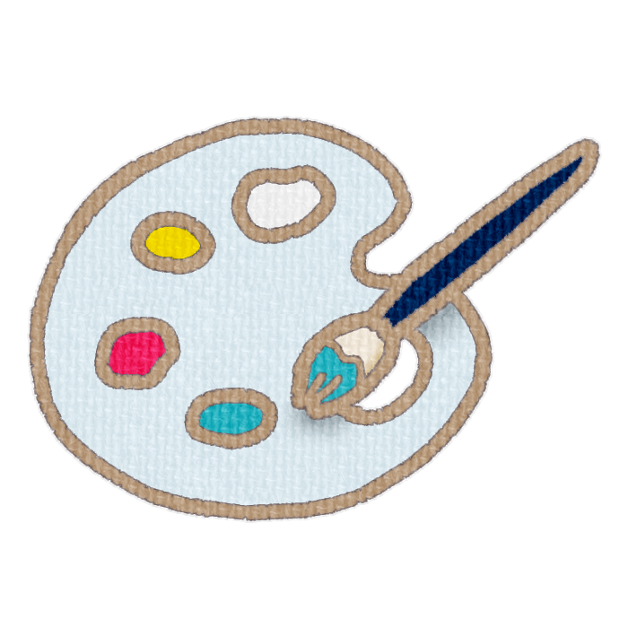 白色のパレットと水色の絵具をつけた筆の透過イラスト