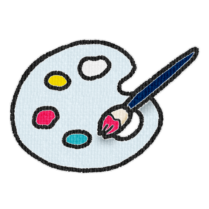 白色のパレットと赤色の絵具をつけた筆の透過イラスト