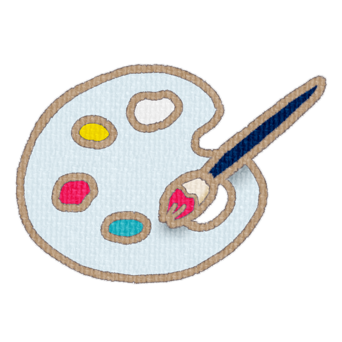 白色のパレットと赤色の絵具をつけた筆の透過イラスト