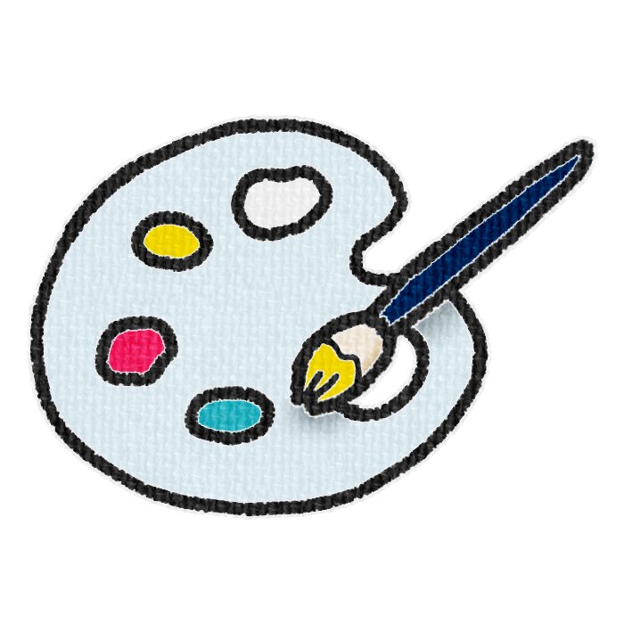 白色のパレットと黄色の絵具をつけた筆の透過イラスト