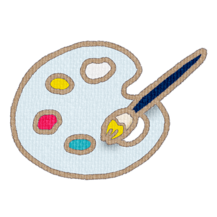白色のパレットと黄色の絵具をつけた筆の透過イラスト
